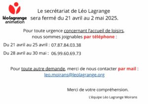 Lire la suite à propos de l’article fermeture Accueil du 21/04 au 02 /05 2025